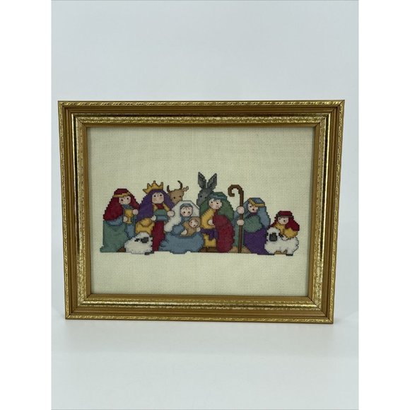Handmade Other - Vintage Cross Stitch Nativity Scene Gold Frame